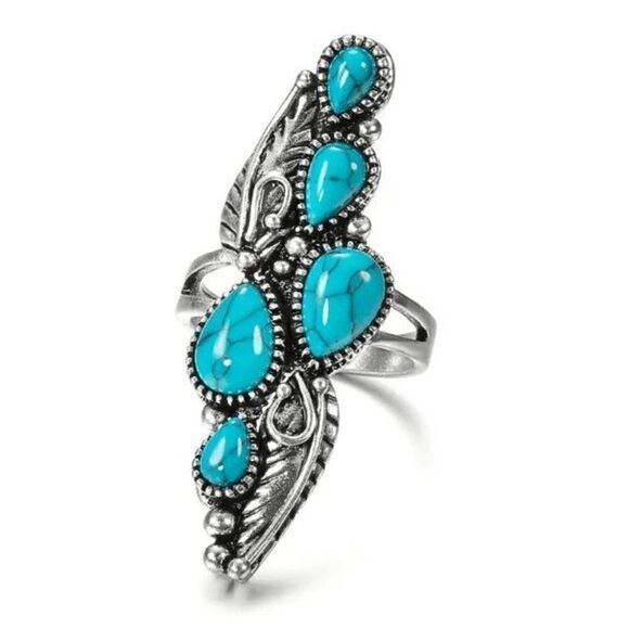 Silver Turquoise Water Drop Leaf Boho Western Statement Ring - Picture 1 of 5